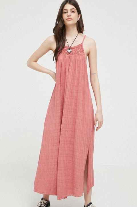 Superdry rochie din amestec de in culoarea roz, maxi, drept