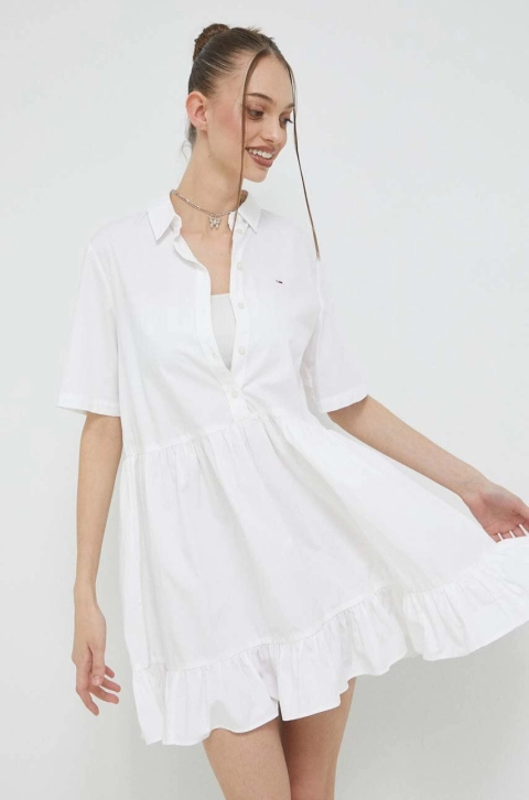 Tommy Jeans rochie din bumbac culoarea alb, mini, evazati