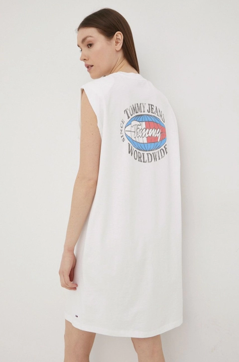 Tommy Jeans rochie din bumbac culoarea alb, mini, oversize