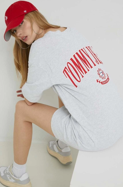 Tommy Jeans rochie din bumbac culoarea gri, mini, oversize