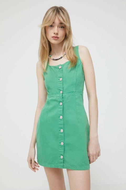 Tommy Jeans rochie jeans culoarea verde, mini, mulata