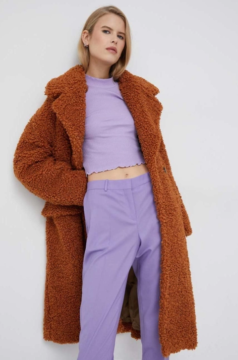 United Colors of Benetton palton femei, culoarea maro, de tranzitie, oversize